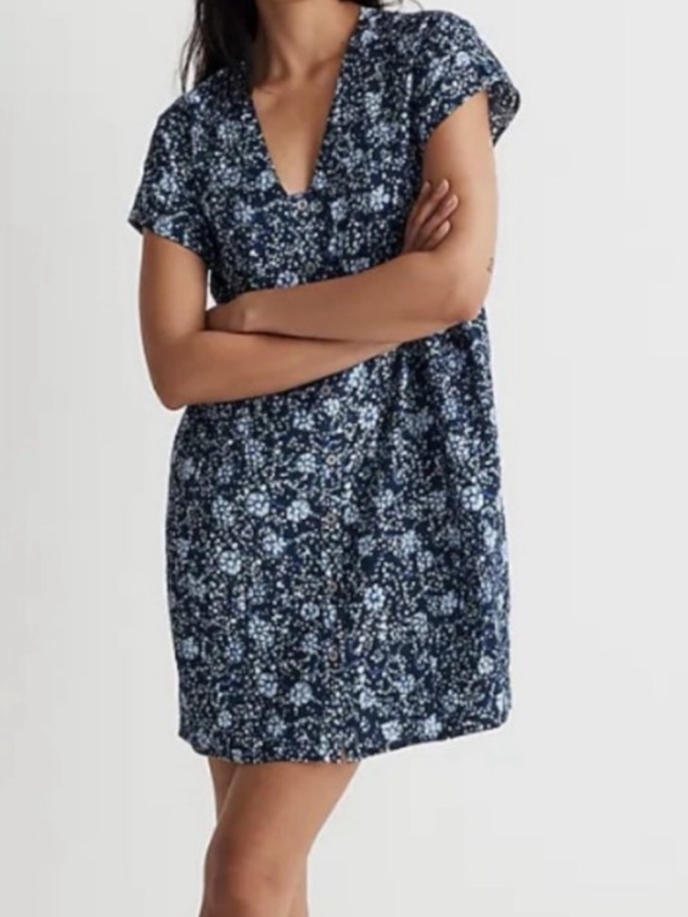 Madewell Button Front V-Neck Floral Mini Dress Blue Large - Picture 2 of 13